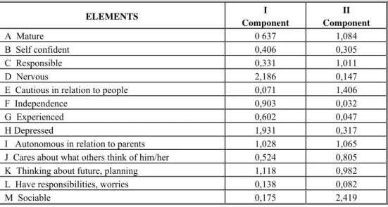 Table 2 – Factor scores, i.e. element loading on the first and second component 