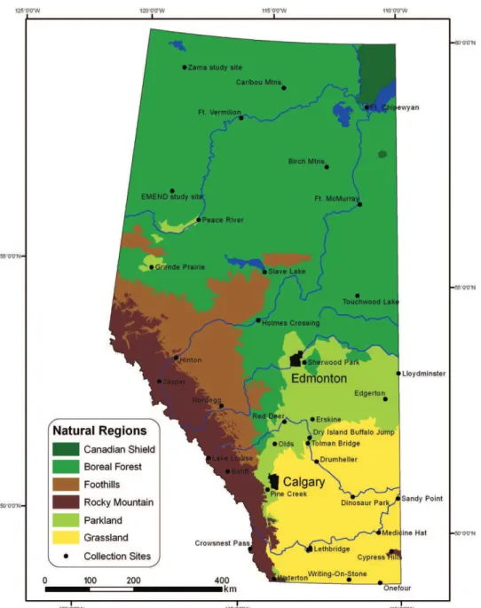 Figure 2. Natural regions of Alberta, modii ed from Natural Regions Committee (2006), with ma- ma-jor settlements and important insect collecting localities indicated