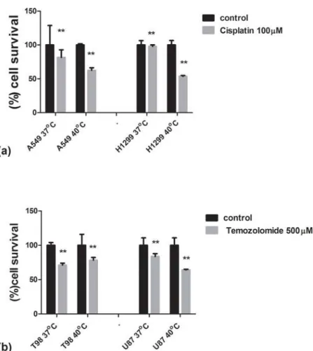 Figure 5. Hyperthermic chemosensitization experiments with Cisplatin and Temozolomide using the AlamarBlue assay