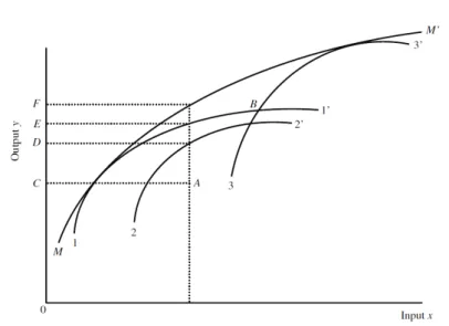 Figure 4.2: Metafrontier illustration with 3 local frontiers