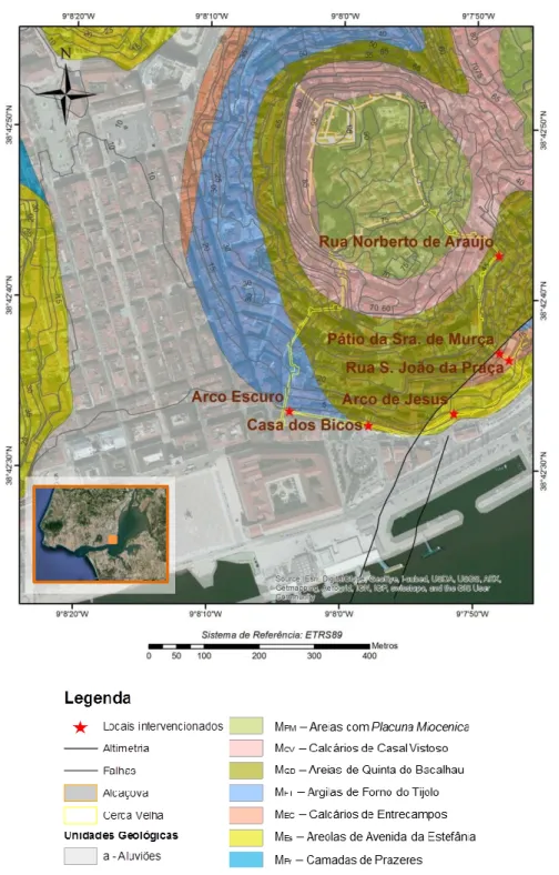 Figura 4 - Projecção da cartografia geológica sobre imagem aérea da zona entre a Baixa e a  Colina de S