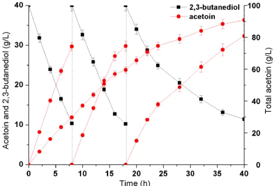 Figure 9. Time course of repeated-batch bioconversion of acetoin from 2,3-butanediol.
