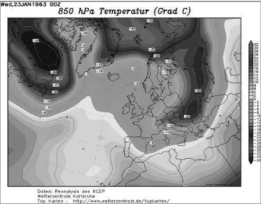 Fig. 5. The thermal field at 850 hPa level,  January the 23 rd , 1963 