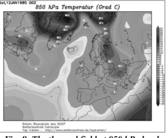 Fig. 8. The thermal field at 850 hPa level,  January the 12 th , 1985