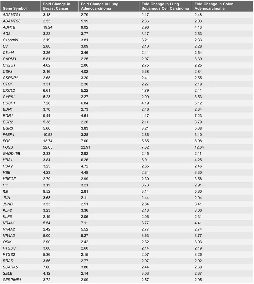 Table 2. Fold change in gene expression between high and low TTP-expressing tumors in TCGA datasets.