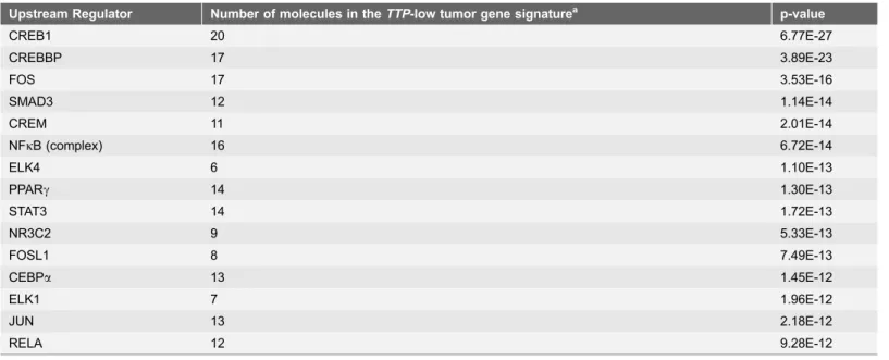 Table 5. Top 10 upstream regulators of the TTP-low tumor gene signature.