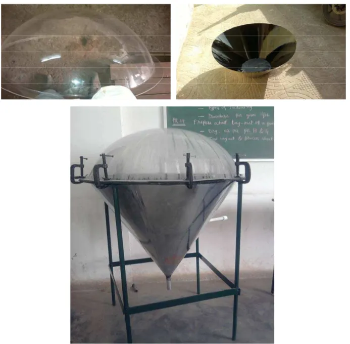 Figure 2. Components as well as complete fabrication of hemispherical solar still 