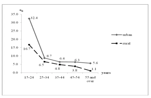 Figure 3. Unemployment rate, on age group and area in 2011  Source:  INS (2012) 