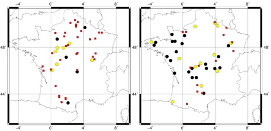 Figure 9. Best FR-2L simulation vs. Agreste statistical correlation levels obtained for (left panel) C3 crops and (right panel) grasslands.