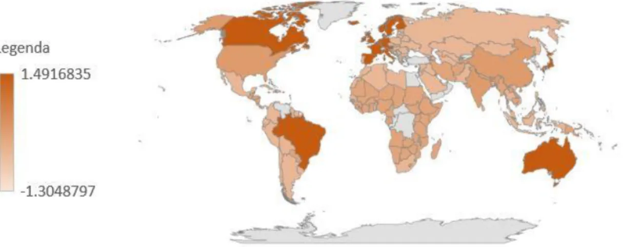 Figura 4. 5: Mapa Mundial de Saúde e Bem-Estar em 2015  Fonte: Elaboração Própria, com uso da tecnologia Bing 