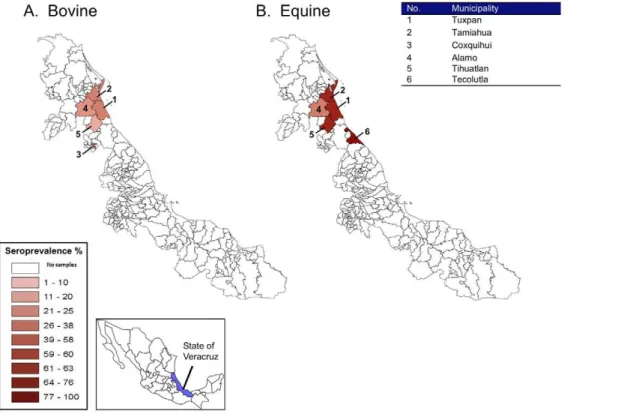 Table inset provides a location key for each municipality. Key inset shows the relative frequency (%) of positive samples for based on color intensity.