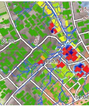 Figure 3 – Water runoff risk assessment showing the water  paths and the building vulnerability