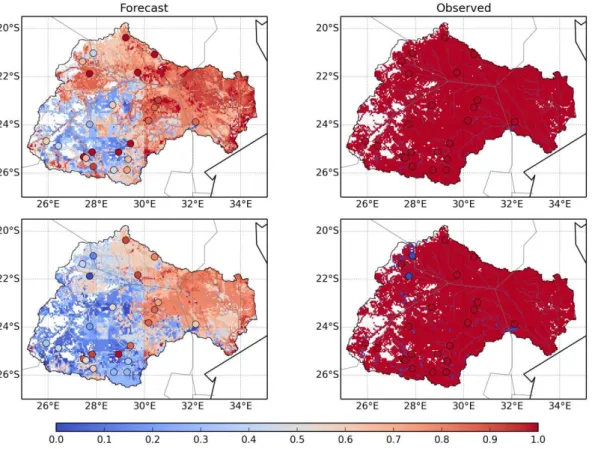 Figure 9. Forecast probability of Water Level (WL) < 50 percentile (upper panels), and WL <