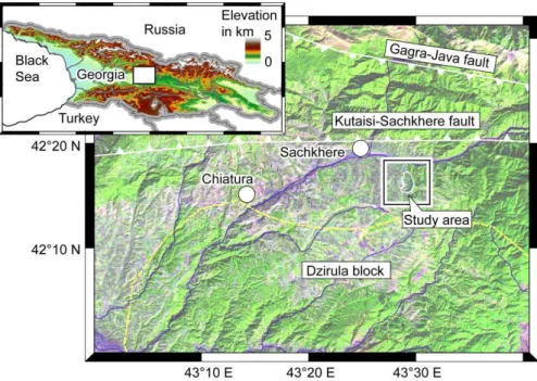 Fig. 1. Map of central Georgia showing land cover based on Landsat TM information. The com- com-bination of bands 5, 4 and 3, represented with red, blue and green, respectively, shows  vege-tation in bright green colours and soil in mauve colours
