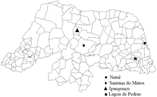 Figura   1.   Localização   dos   municípios   de   Natal,   Santana   do   Matos,   Ipanguaçu   e   Lagoa   de   Pedras    no   Estado   do   Rio   Grande   do   Norte