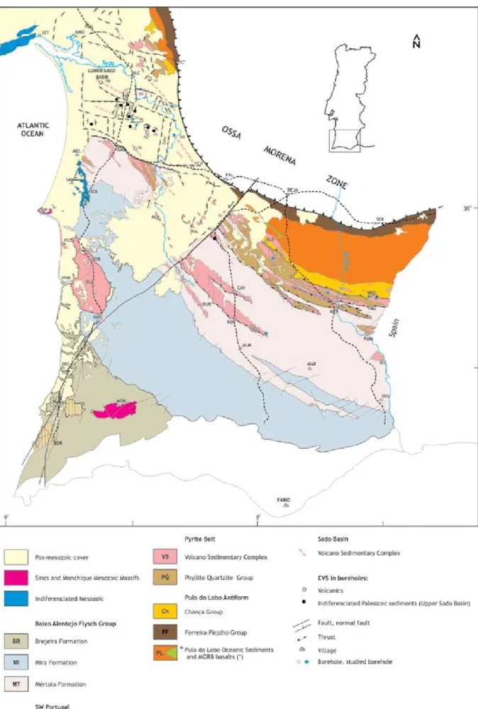 Fig.   Geological map of South Portuguese zone (adapt. oliveira et al., 1990).
