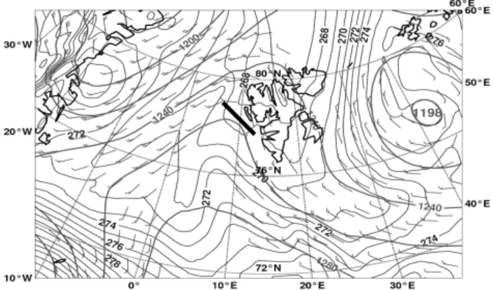 Fig. 2. Geopotential, wind vector and potential temperature fields obtained from the ECMWF analysis at 850 hPa for 12:00 UTC