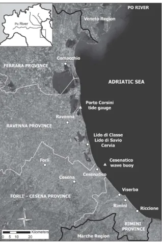 Figure 1. The Emilia-Romagna coastal area, northern Italy: location of places addressed in the text, main cities and coastal towns.