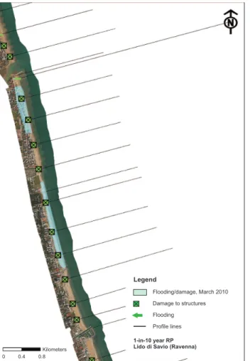 Figure 4. Location of impacts after the March 2010 storm along the Lido di Savio area and vulnerability symbology along profile lines of the 10-year return period scenario.