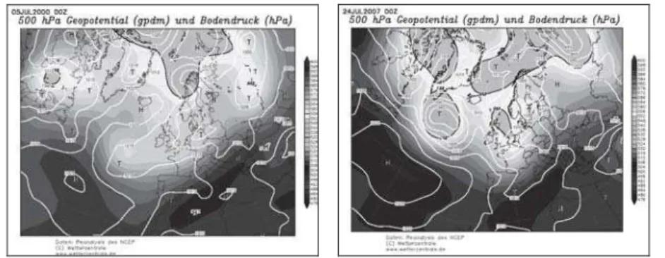 Fig. 5 and 6. The baric configuration in Europe on July 5 th  2000 and July 24 th  2007,  respectively  (www.wetterzentrale.de) 