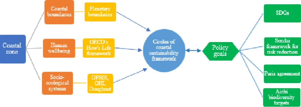 Figure 1. Framework organization summary. The framework is represented in the center; on the left  side  is  the  transdisciplinary  content  that  it  intends  to  include  in  the  assessment,  as  well  as  the  frameworks used in its creation, and on t