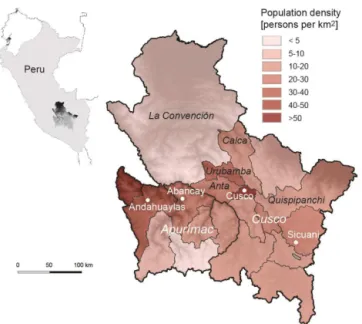 Figure 1. Map of study area with the two regiones Apurímac and Cusco. Important cities are indicated in white; provincias in the  re-gion of Cusco strongly affected by the 2010 disaster are indicated in black