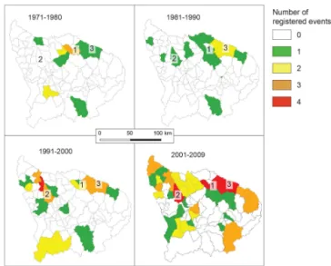 Figure 3. Number of climatic disasters in the region of Cusco and distribution according to type of event (1971–2009).