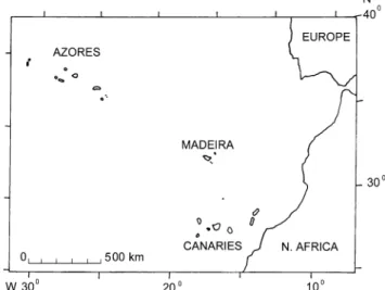 Fig. 1 The position of Madeira relative to the continental coasts and to the other NE Atlantic islands with warm-temperate climates