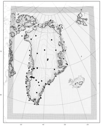 Fig. 1. Map of Greenland featuring the model domain, relaxation borders (the outer 16 grid points represented as dark gray dots), location of model grid points (light gray dots) and  loca-tion of observaloca-tional sites