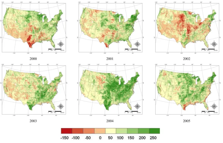 Fig. 5. Annual average SAT-TEM estimated NEP across the conterminous United States for each year in 2000–2005