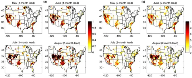 Figure 4. (a) The 1-month and (b) 2-month lead drought probability predictions for May–August 2012 for SSI6 < −1.3.