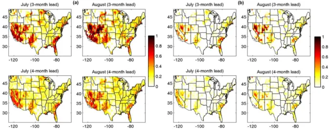 Figure 5. The 3- and 4-month lead time predictions of drought probability for July–August 2012; (a) SSI6 < −0.8; (b) SSI6 < −1.3.