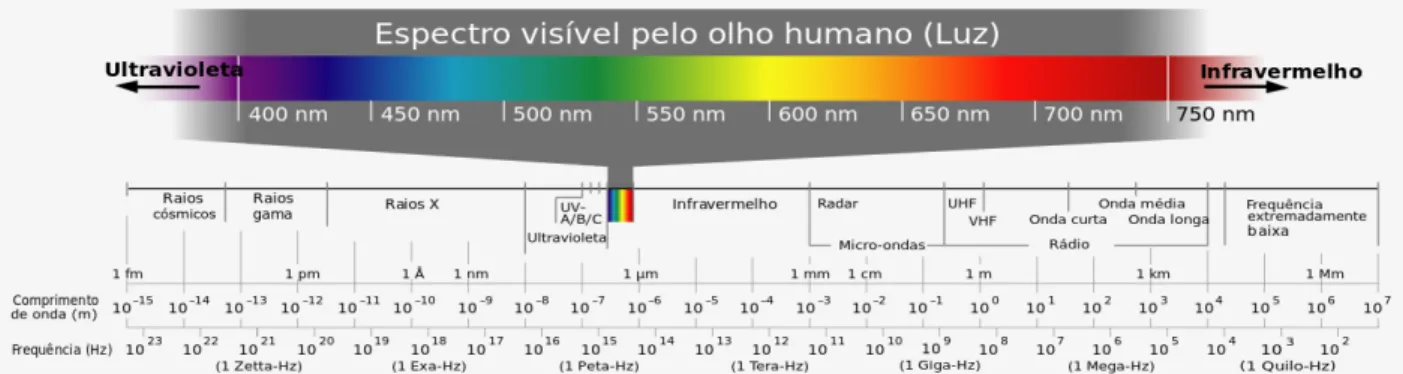 Figura   02:   Ilustração   do   espectro   visível   pelo   olho   humano   (luz),   com   identificação   dos   diferentes   comprimentos   de   onda