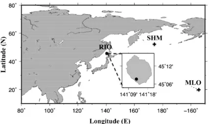 Figure 1. The location of Rishiri Island in East Asia and Rishiri Observatory (RIO, 45.10 ◦ N, 141.20 ◦ E) in the island (filled cycle)
