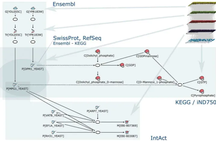 Figure 2. Structural details of RefRec. The entire reconstruction is visualized in top right where different types of molecular species are grouped to layers (from top to down: genome, transcriptome, proteome, protein complexes, and metabolome) and interac