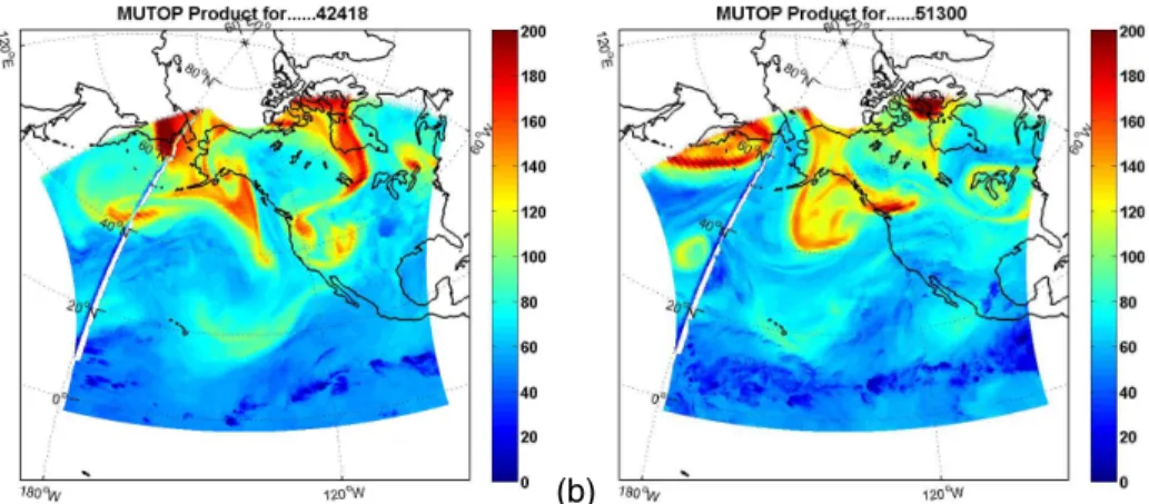 Fig. 1. These sample MUTOP images map the TES-derived multi-sensor upper-tropospheric ozone product which characterizes the UT layer-average (300–500 hPa) volume mixing ratio of ozone in ppbv over the GOES west domain for two dates, (a) at 18:00 UTC on 24 