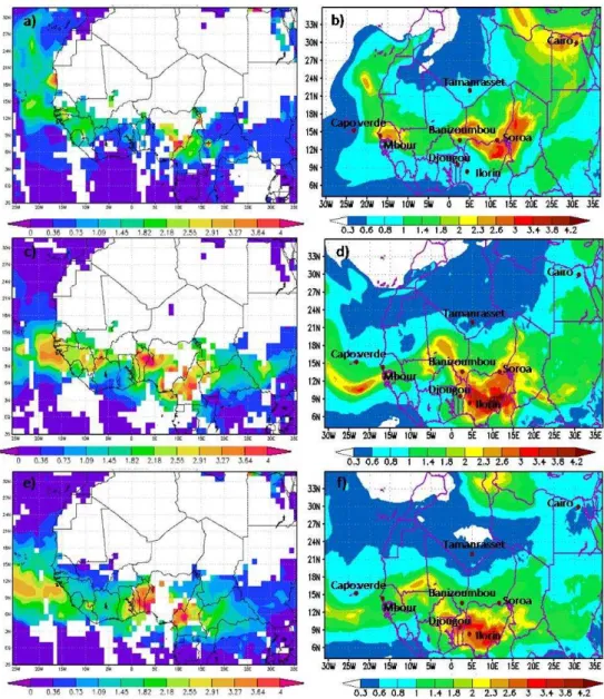 Fig. 12. Daily mean AOD (at 550 nm) from MODIS/AQUA satellite images (a, c and e) and simulated by ALADIN (b, d and f) for 8 March (top), 10 (middle) and 12 (bottom), 2006.