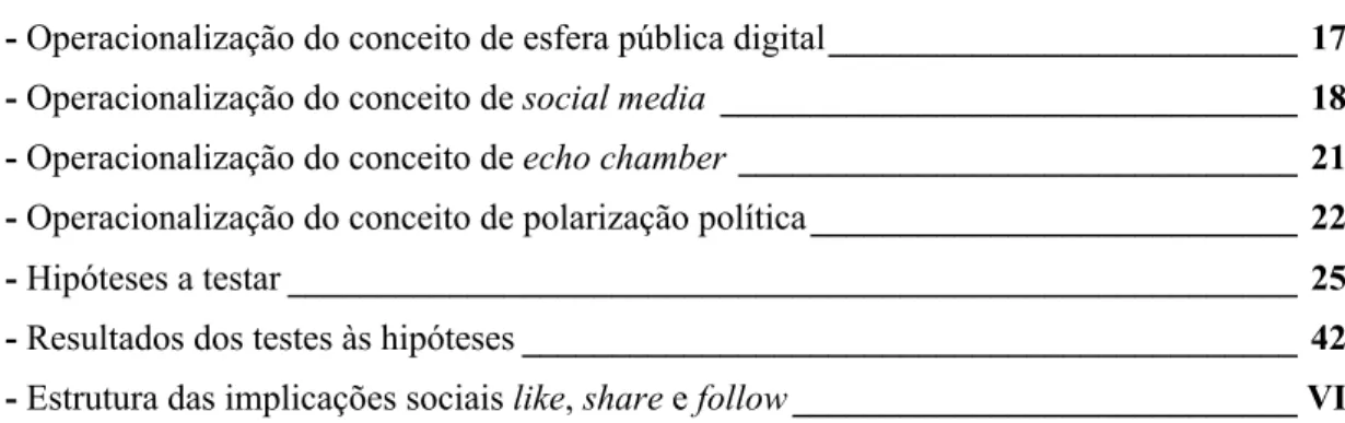 Tabela 1 - Operacionalização do conceito de esfera pública digital __________________________  17  Tabela 2 - Operacionalização do conceito de social media  ________________________________  18  Tabela 3 - Operacionalização do conceito de echo chamber ____