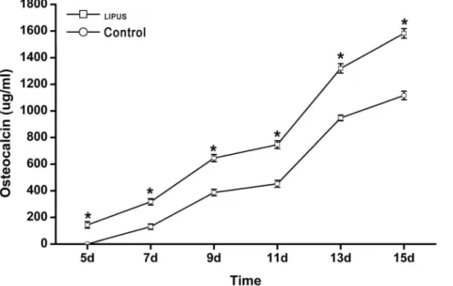 Fig. 5 shows the time course of the osteocalcin production of hPDLCs treated with or without LIPUS stimulation