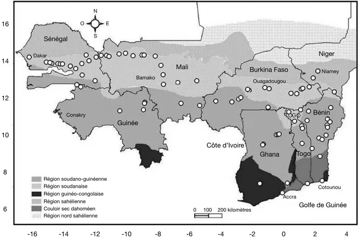 Figure 4. Sites de prélèvement des échantillons de Cucumis melo subsp. agrestis (réalisation Enoch Achigan-Dako)