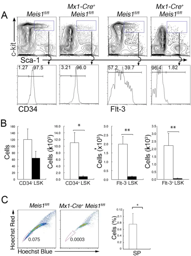Figure 2. Loss of Meis1 causes profound defects in the HSC compartment. (A) Representative flow cytometric profiles of LSK cells in BM depleted of lineage-positive cells from Mx1-Cre + Meis1 fl/fl and control Meis1 fl/fl mice three weeks after poly(I:C) tr