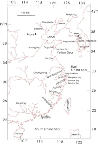 Fig. 1. Map of the east China and South Korea, showing the location of large rivers and adjacent shelf regions from north to south in the Chinese Seas dealt with in this study.