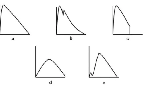 Figura 17: Principais erros da curva débito-volume; a) curva normal; b) tosse no 1º  segundo; c) término abrupto; d) pouco esforço, com início lento; e) sopro pouco rápido; 14