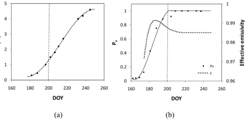 Fig. 2. (a) Evolution of the modelled sorghum height during the experiment (line) superposed to the field measurements (dots)