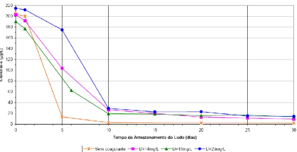 Figura 3.8 – Concentração de clorofila-a ao longo do período de armazenamento do lodo  para valor de pH de coagulação igual a 6,0 (Oliveira, 2005)