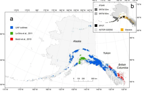 Fig. 1. The study area comprising glaciers of Alaska and adjacent Canada. (a) The three main outline sources marked in colors