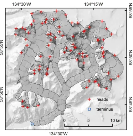 Fig. 2. Automatically derived glacier heads (red crosses) and terminus (blue square) on Gilkey Glacier, Juneau Icefield, southeast Alaska