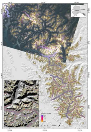 Fig. 8. Derived centerlines for glaciers in the Stikine Icefield area. Line colors indicate branch order