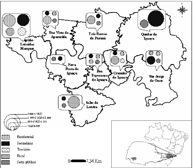 Figura 3. Variação Liquida Diferencial (VLD) positiva dos municípios da região de Salto Caxias no sudoeste do Paraná - 1993/2003