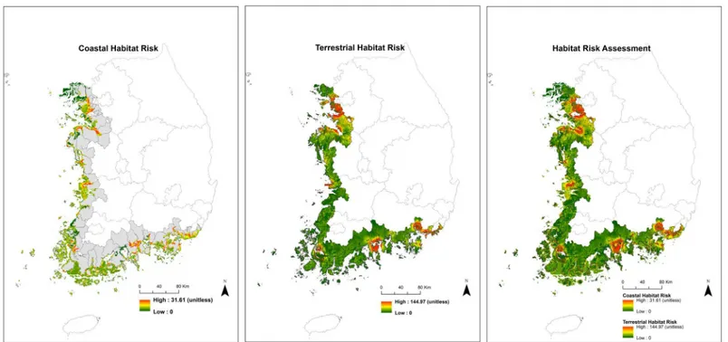 Fig 2. Maps of habitat risk assessments in terrestrial and coastal areas in South Korea